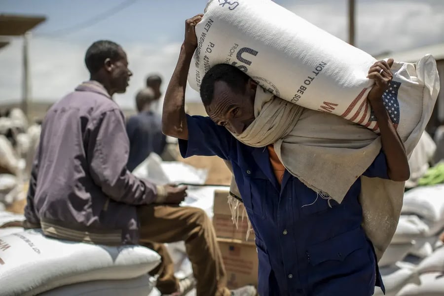 An Ethiopian man carries a USAID donated sack of wheat on his shoulders to be distributed in the town of Agula in northern Ethiopia, May 2021. Copyright 2021 The Associated Press.
